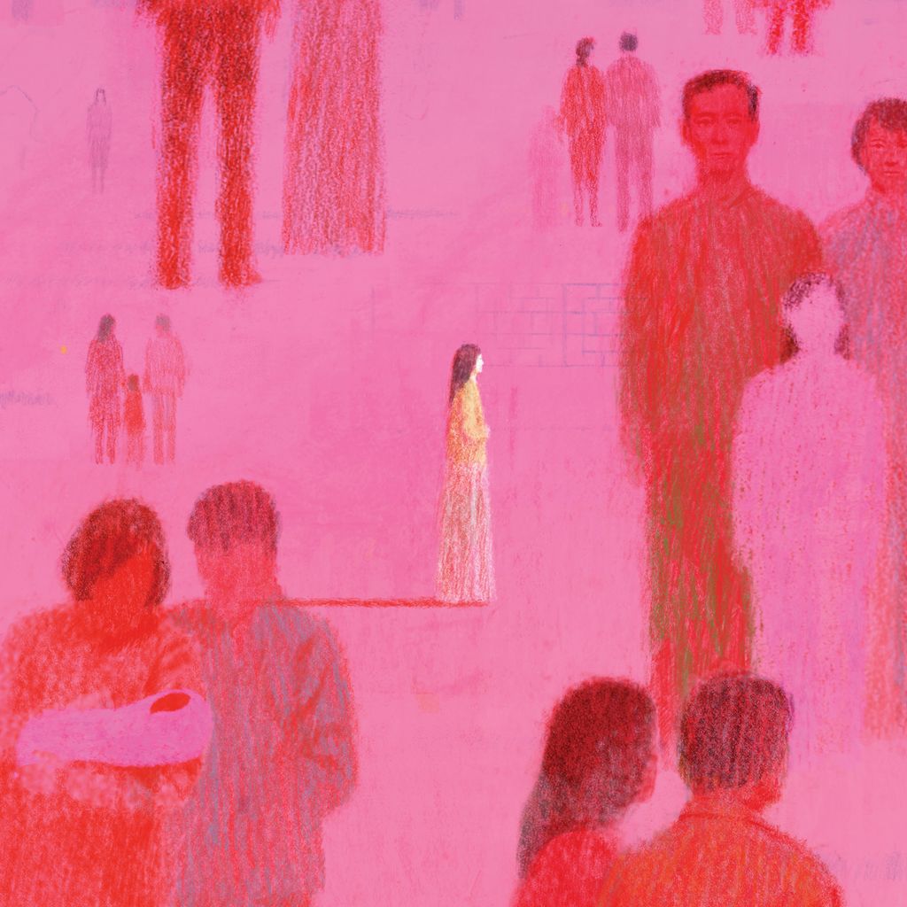 A figure standing alone amidst floating figures of families.