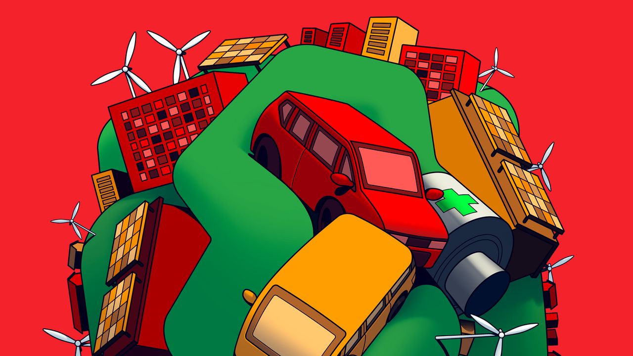 An elongated battery looping around solar panels windmills and electronic vehicles.