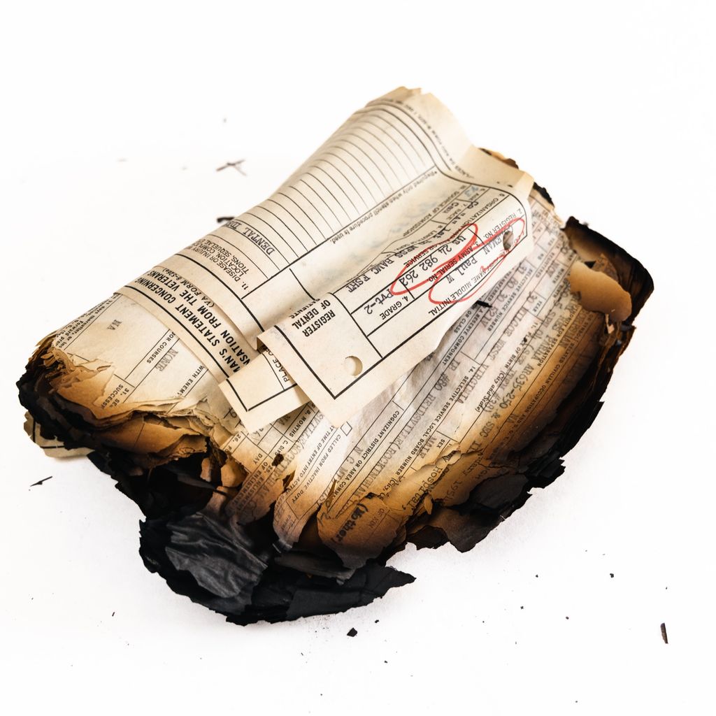Curled documents with burnt edges.